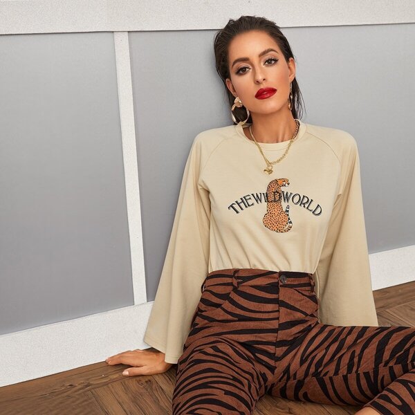 

Slogan & Animal Raglan Sleeve Sweatshirt, Beige pastel
