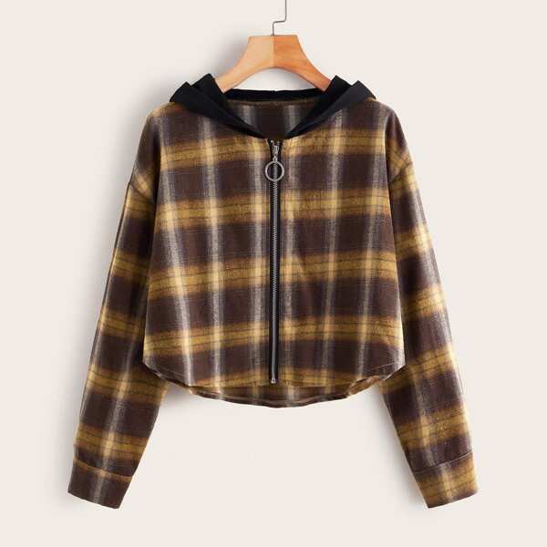 

Plaid O-ring Zip Hooded Blouse