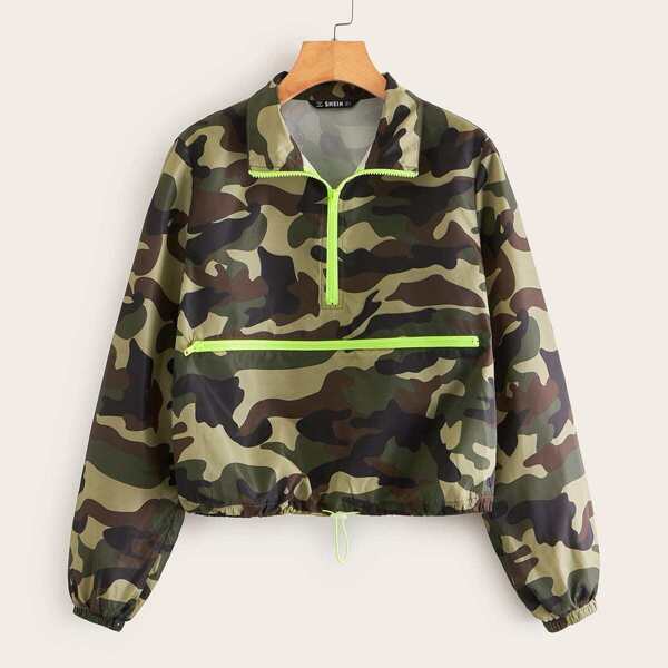

Camo Print Neon Zip Detail Windbreaker Jacket, Multicolor