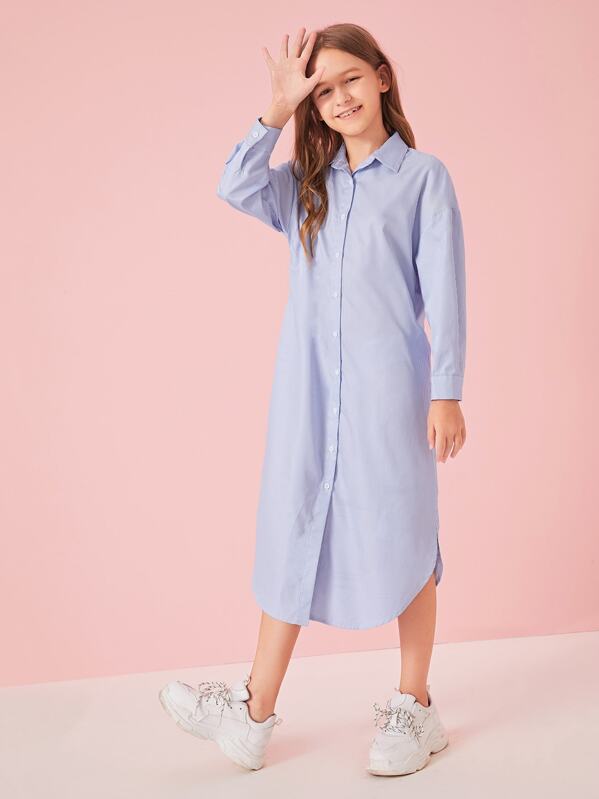 

Girls Curved Hem Striped Shirt Dress, Blue, Sashab