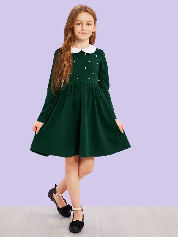 

Girls Contrast Peter Pan Collar Pearl Detail Dress, Green, Sashab