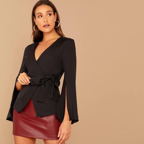 

Split Sleeve Wrap Belted Blazer, Black