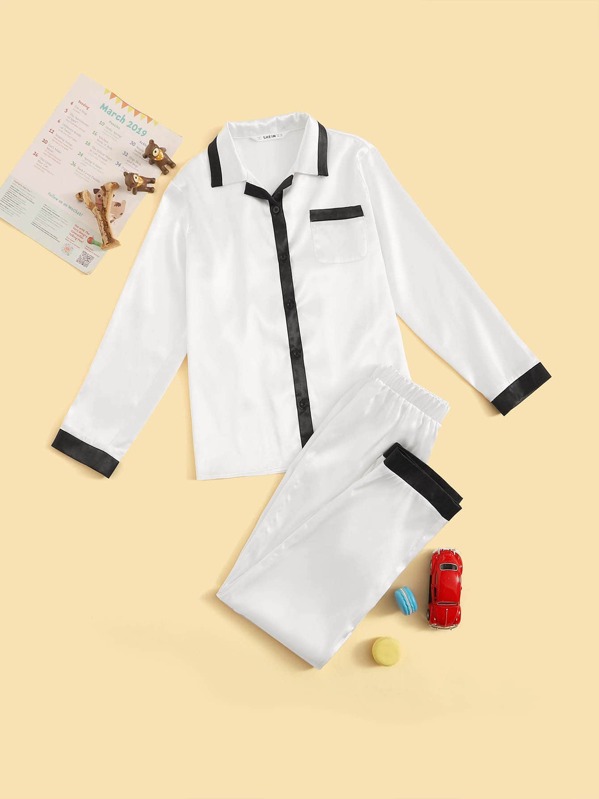 

Boys Contrast Trim Patch Pocket Satin Top & Pants PJ Set, White
