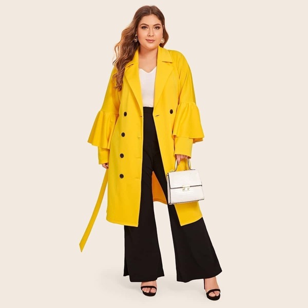 

Plus Neon Yellow Notched Collar Flounce Sleeve Buttoned Coat, Yellow bright