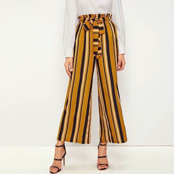 

Paperbag Waist Wide Leg Striped Pants, Yellow
