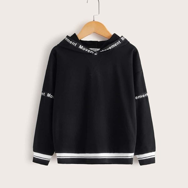 

Boys Drop Shoulder Letter Tape Detail Hoodie, Black