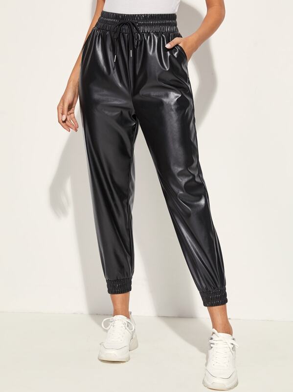 

Drawstring Waist PU Leather Pants, Black, Giulia