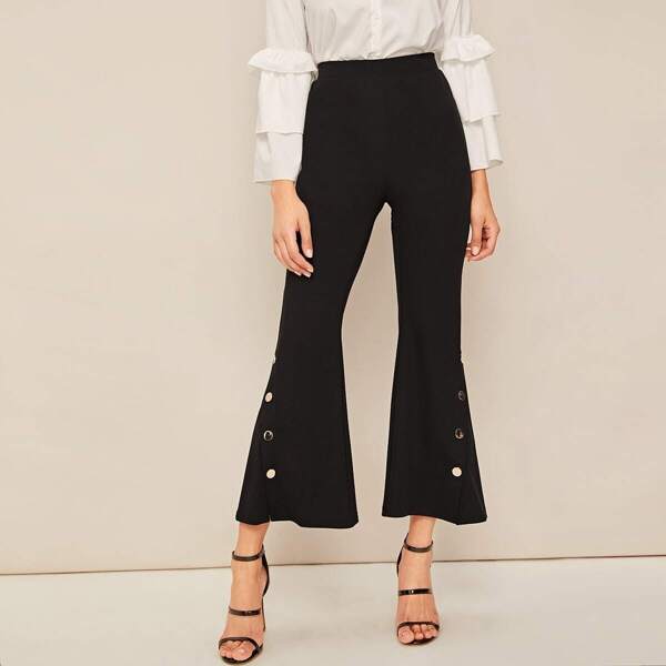 

Button Detail Flare Leg Pants, Black