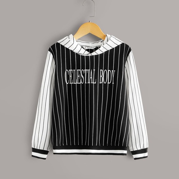 

Boys Letter Print Colorblock Striped Hoodie, Black and white