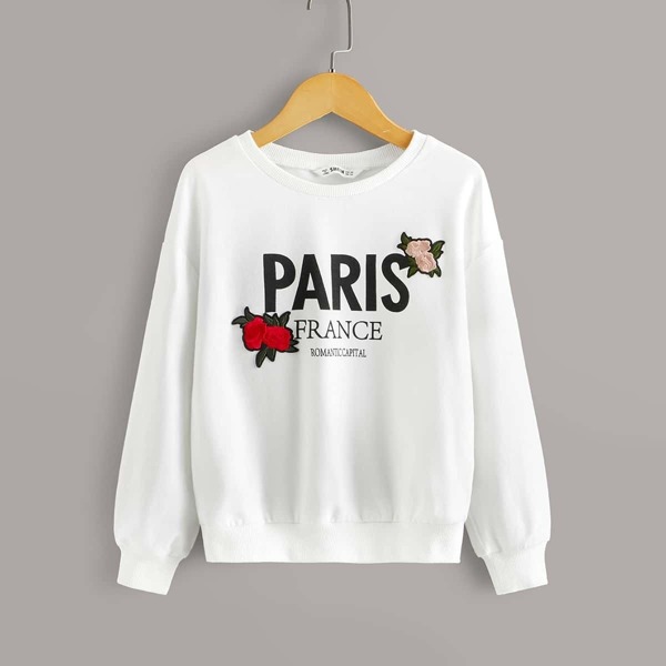 

Girls Embroidered Applique Detail Letter Graphic Pullover, White