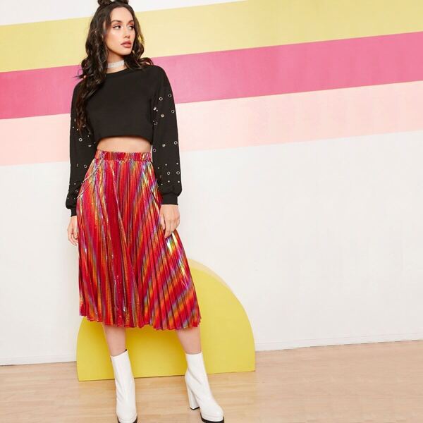 

Rainbow Metallic Pleated Skirt, Multicolor bright