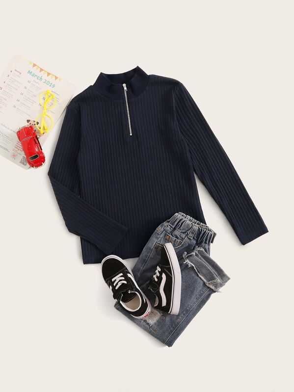 

Boys Half Zipper Front Rib-knit Top, Navy
