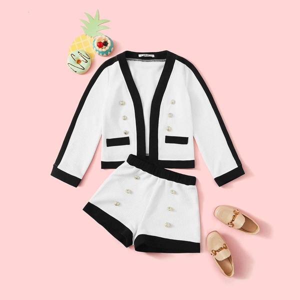 

Girls Contrast Trim Button Detail Textured Jacket and Shorts Set, White