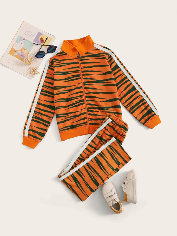 Boys Striped Sid Zip Up Sweatshirt and Pants Set, Orange