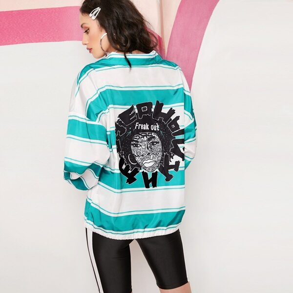 

Figure and Slogan Graphic Drawstring Hem Windbreaker Jacket, Multicolor