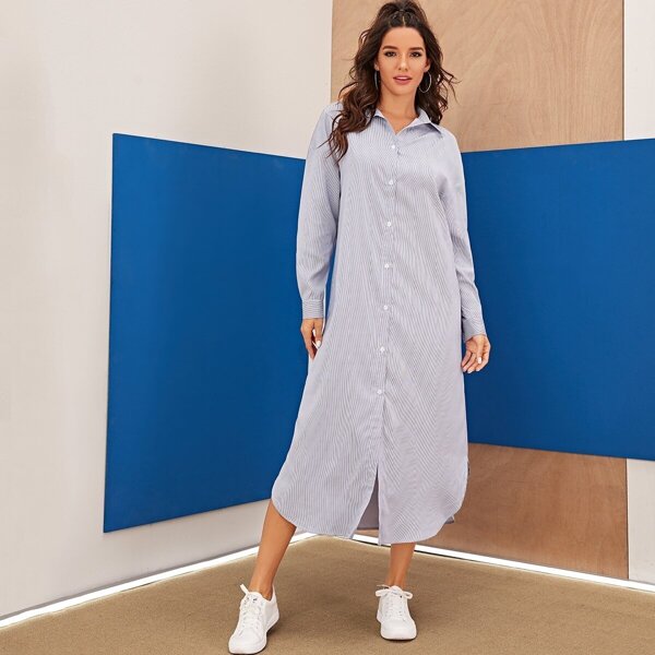 

Drop Shoulder Dolphin Hem Striped Shirt Dress, Blue pastel