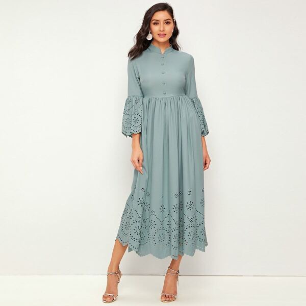 

Buttoned Front Flounce Sleeve Laser Cut Dress, Green pastel