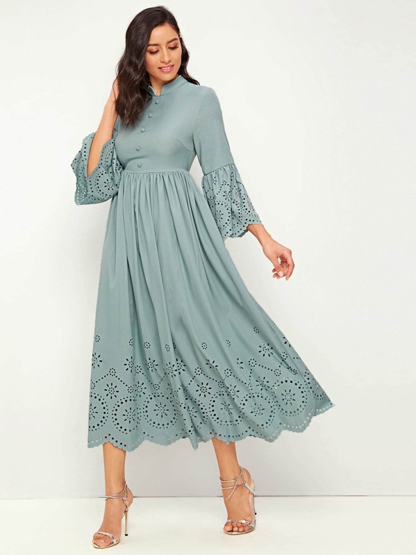 

Buttoned Front Flounce Sleeve Laser Cut Dress, Green, Jessica B