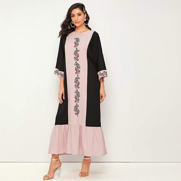 

Embroidered Floral Colorblock Flounce Hem Dress, Multicolor