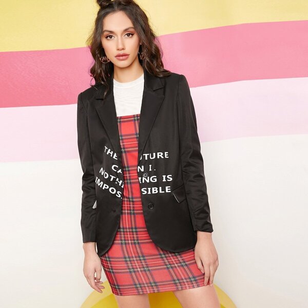 

Notched Collar Slogan Graphic Blazer, Black