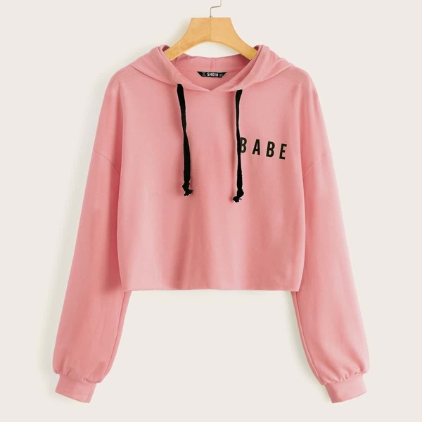 

Drop Shoulder Letter Graphic Drawstring Hoodie, Pink