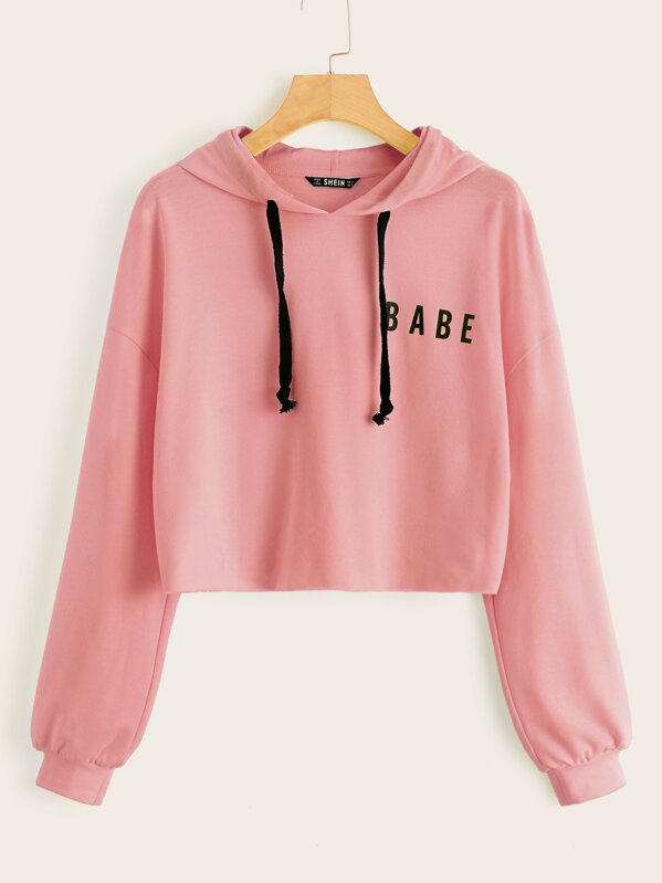 

Drop Shoulder Letter Graphic Drawstring Hoodie, Pink