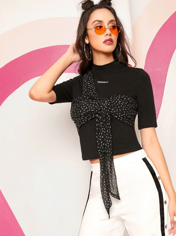 

Mock Neck Letter Graphic Mesh Bustier Tee, Black, Nikki