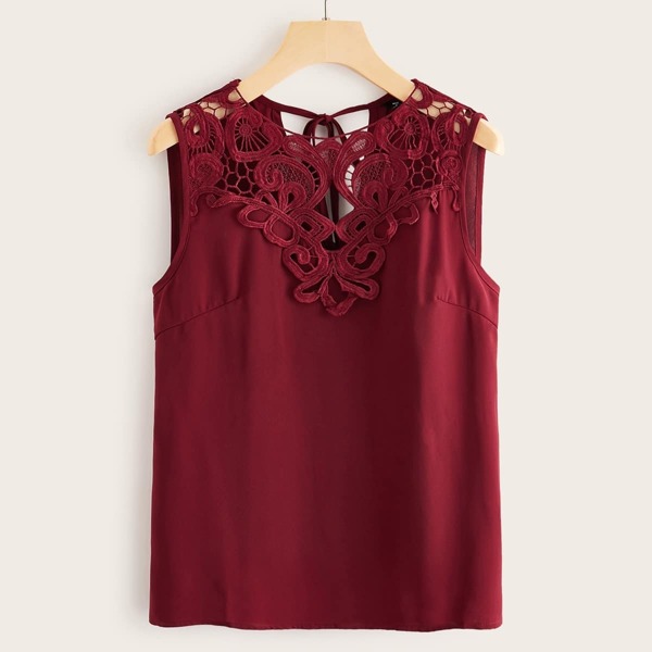 

Embroidered Applique Yoke Tie Back Sleeveless Top, Burgundy