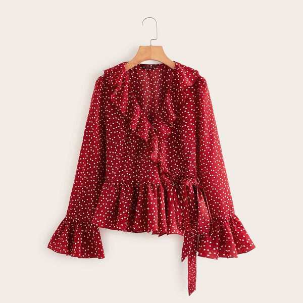

Flounce Sleeve Ruffle Trim Heart Print Self Belted Peplum Top, Burgundy