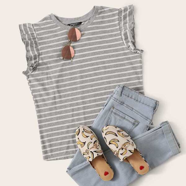 

Ruffle Armhole Striped Top, Grey