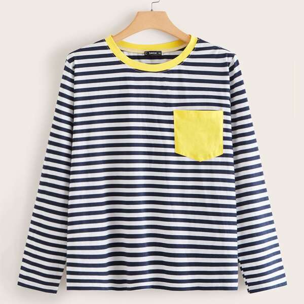 

Plus Contrast Neck Colorblock Patch Pocket Striped Top