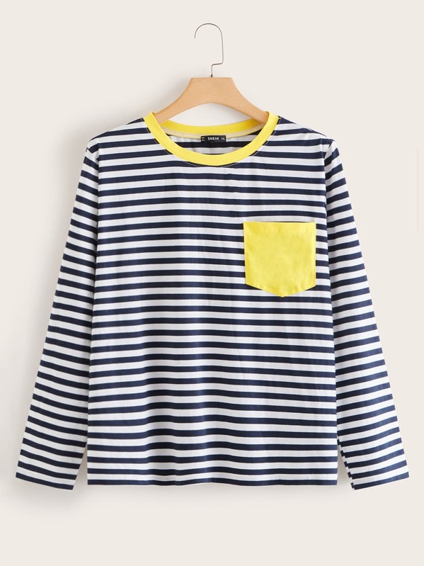 

Plus Contrast Neck Colorblock Patch Pocket Striped Top, Navy, Marcelle Pallais
