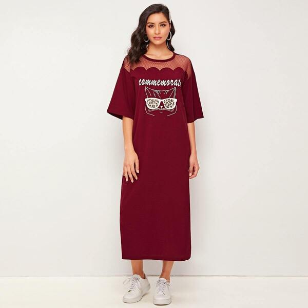 

Geo Mesh Yoke Mixed Print Tee Dress, Burgundy