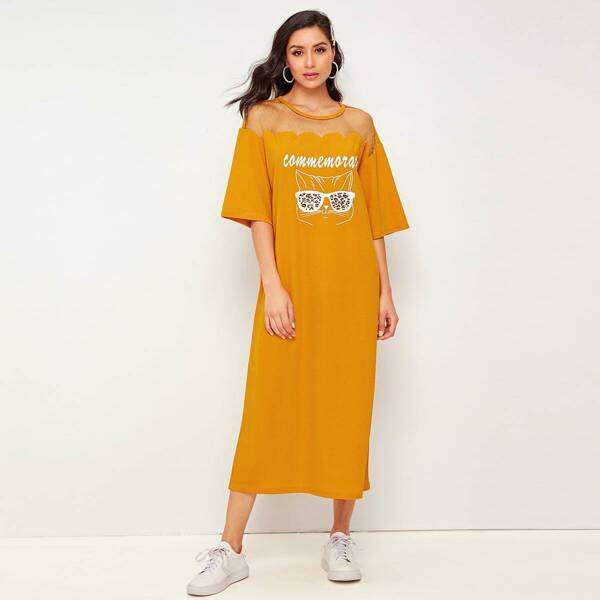 

Mesh Yoke Graphic Print Tee Dress, Yellow bright
