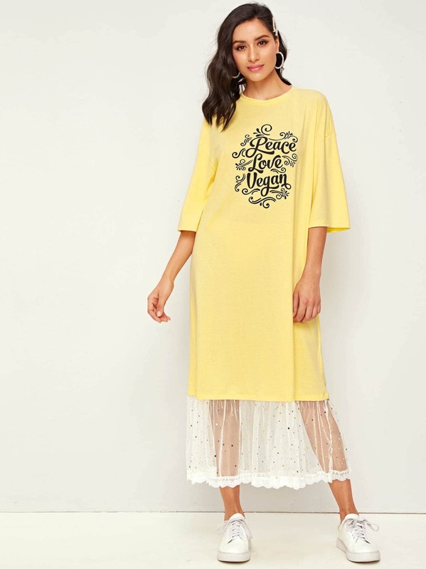 

Slogan Graphic Galaxy Mesh Hem Dress, Yellow, Jessica B