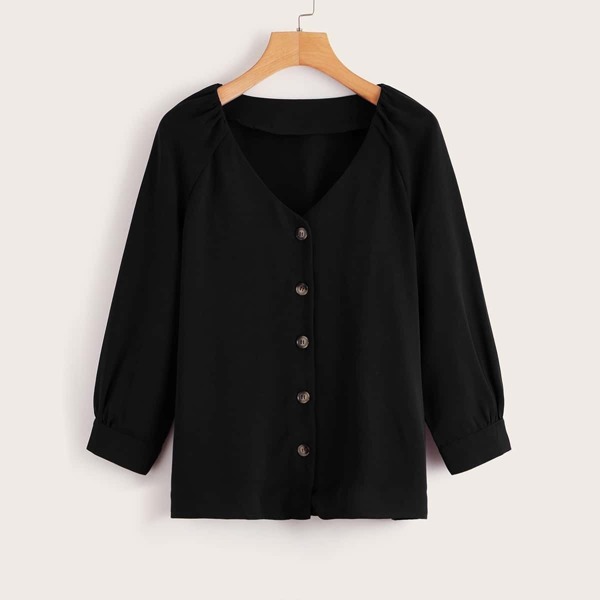 

Button Front Raglan Sleeve Blouse, Black