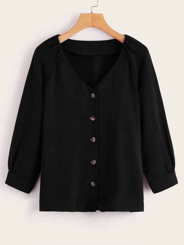 

Button Front Raglan Sleeve Blouse, Black