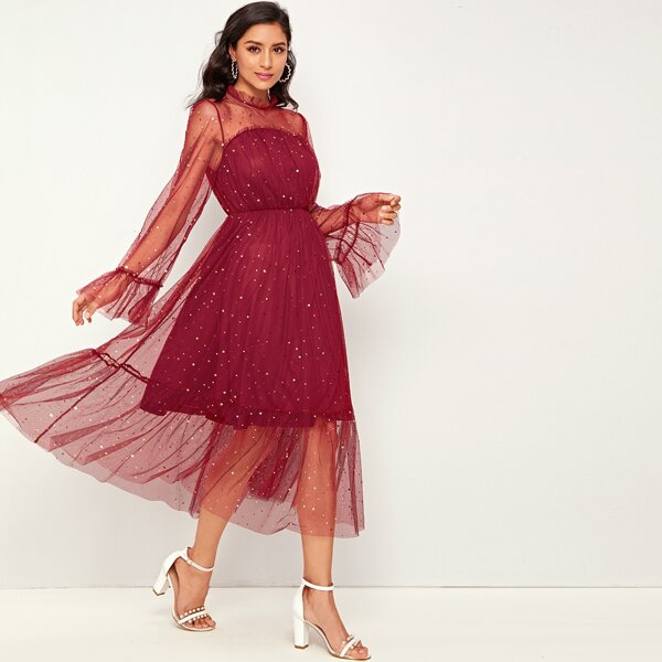 

Frilled Neck Bell Sleeve Star Mesh Overlay Dress