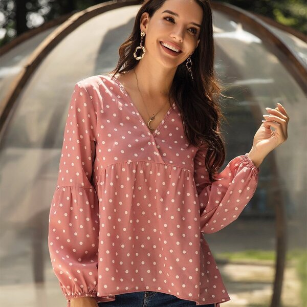 

V-neck Polka Dot Babydoll Blouse, Pink