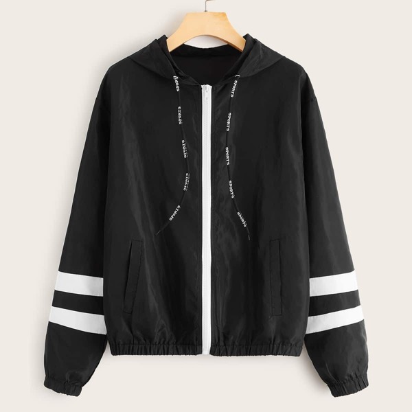 

Letter Print Drawstring Striped Panel Windbreaker Jacket