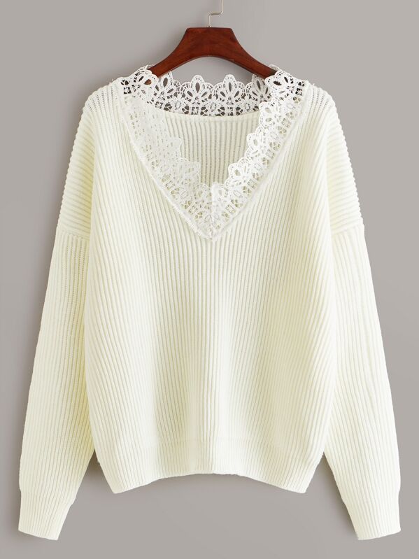 

Contrast Lace Drop Shoulder Sweater, White