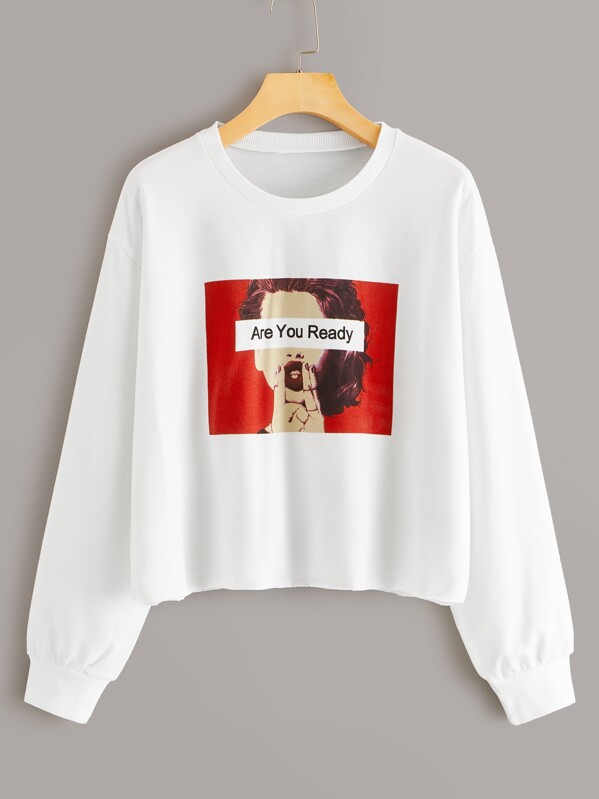 

Figure & Letter Graphic Round Neck Sweatshirt, White