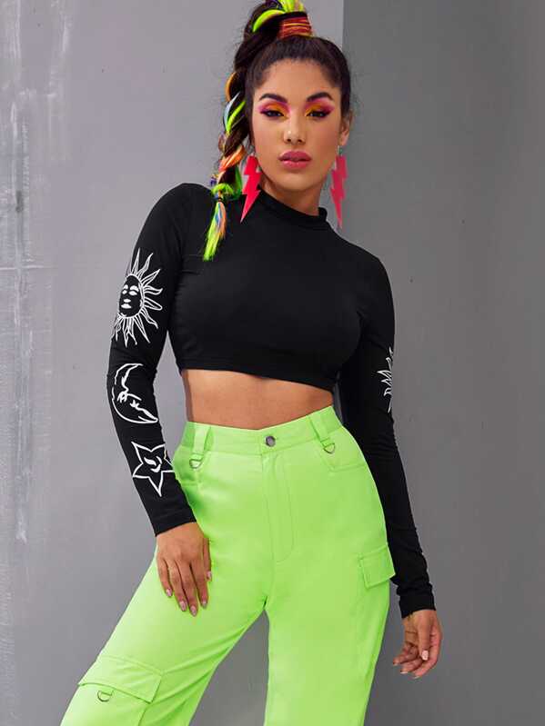 

Sun & Moon Print Crop Tee, Black, Lucia