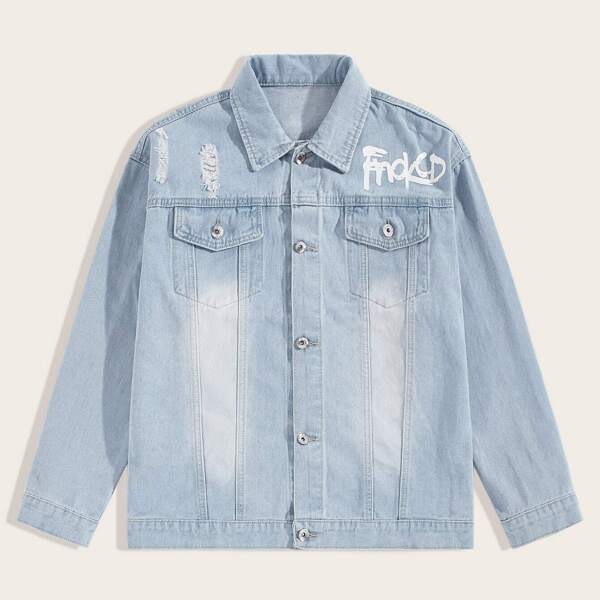 

Men Letter Print Ripped Denim Jacket
