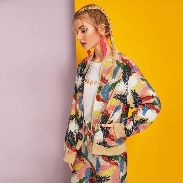 

Allover Leaf Print Bomber Jacket, Multicolor