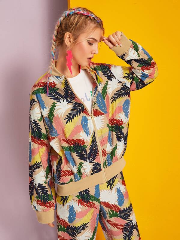 

Allover Leaf Print Bomber Jacket, Multicolor, Tasha
