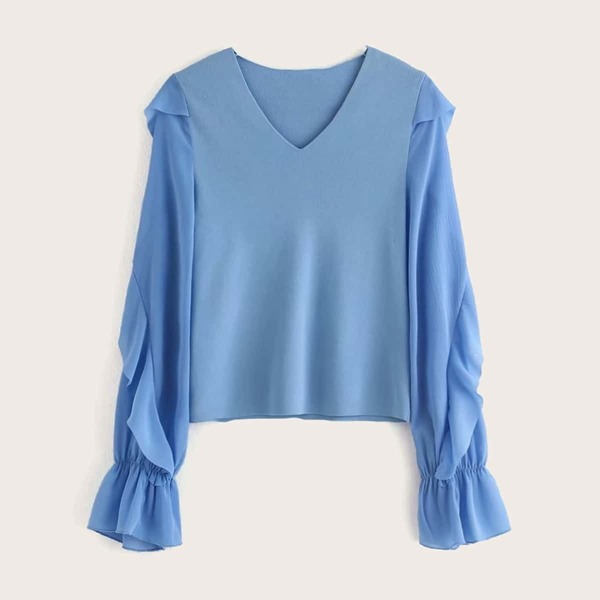 

V-neck Flounce Sleeve Ruffle Jumper
