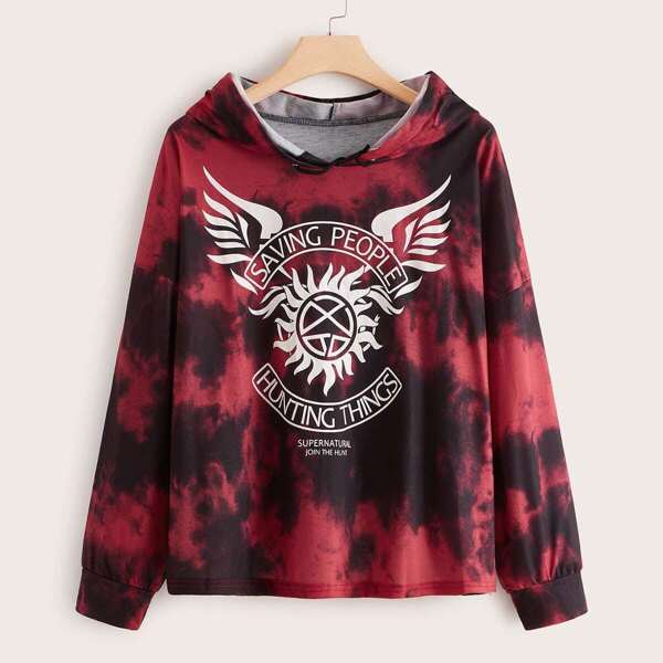 

Plus Graphic Print Tie Dye Hoodie, Multicolor