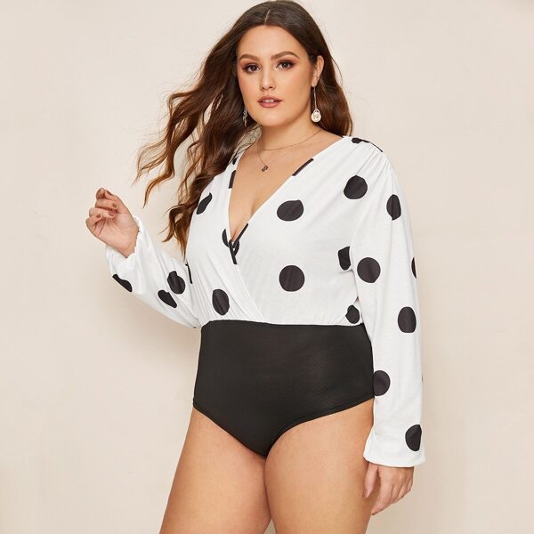 

Plus Polka Dot Surplice Neck Bodysuit, Black and white