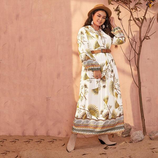 

Plus Leaf Print Tie Front Bishop Sleeve Dress